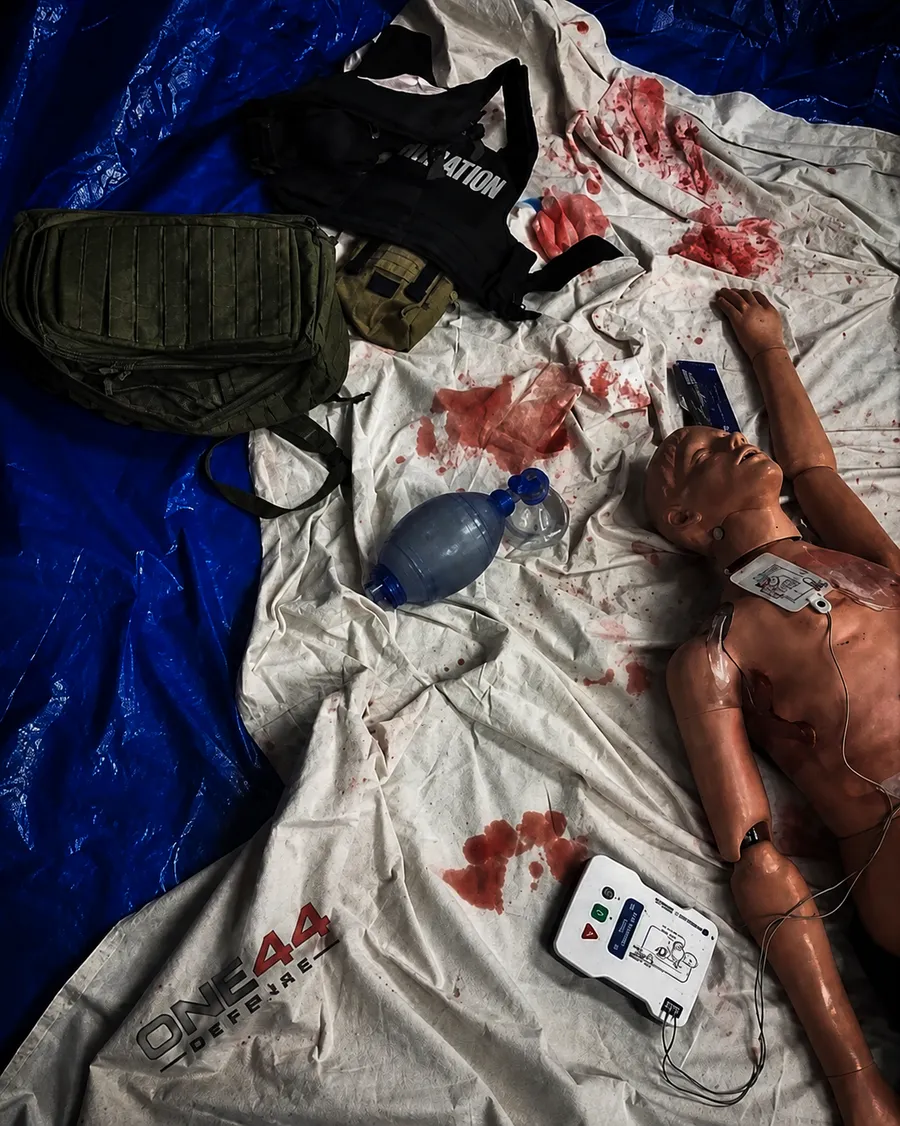 A Tac Med training layout — trauma manikin, AED, bag-valve mask and medical kit on a ONE44 Defense ground sheet