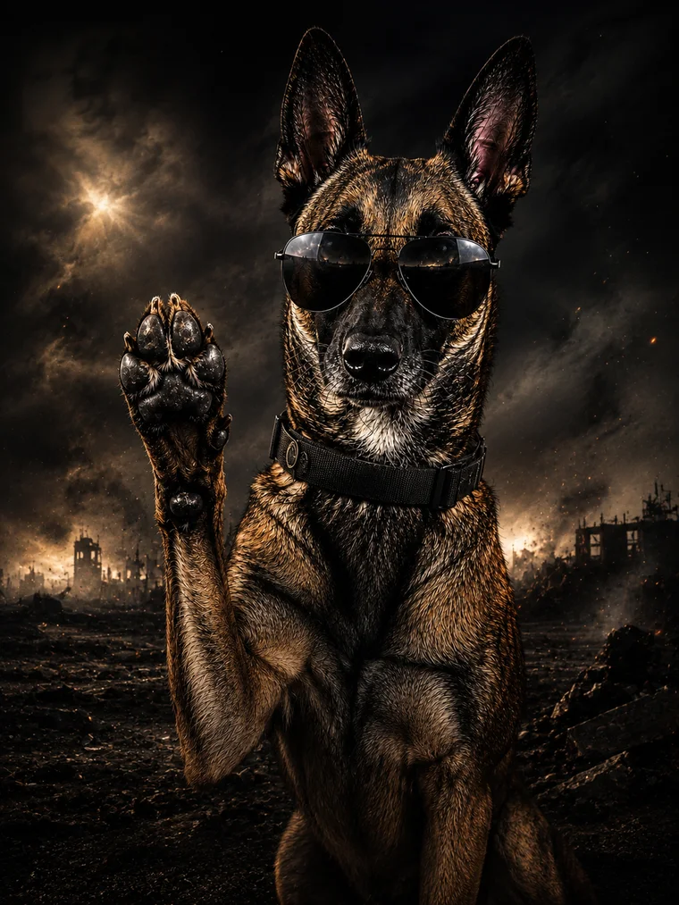 Pancake, wearing aviators, one paw raised