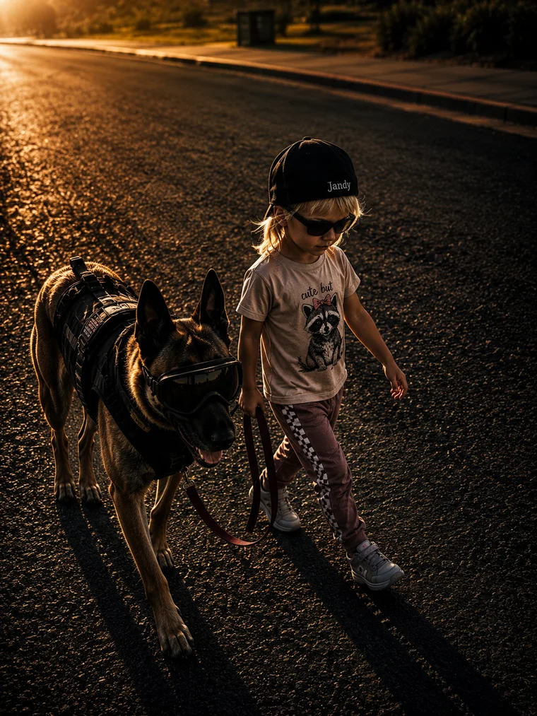 A child walking a working K9 in harness at sunset