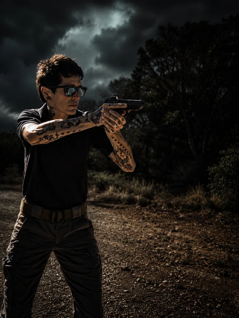 An instructor on the range in a two-handed shooting stance