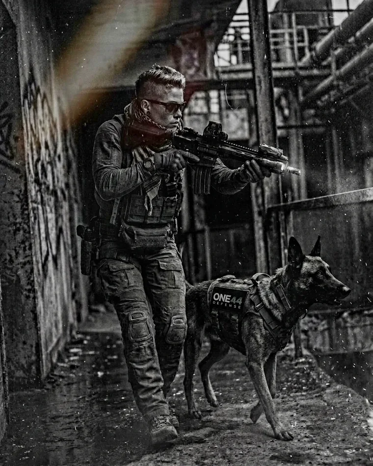 Alicia Mills advancing with a working K9 in a ONE44 Defense harness
