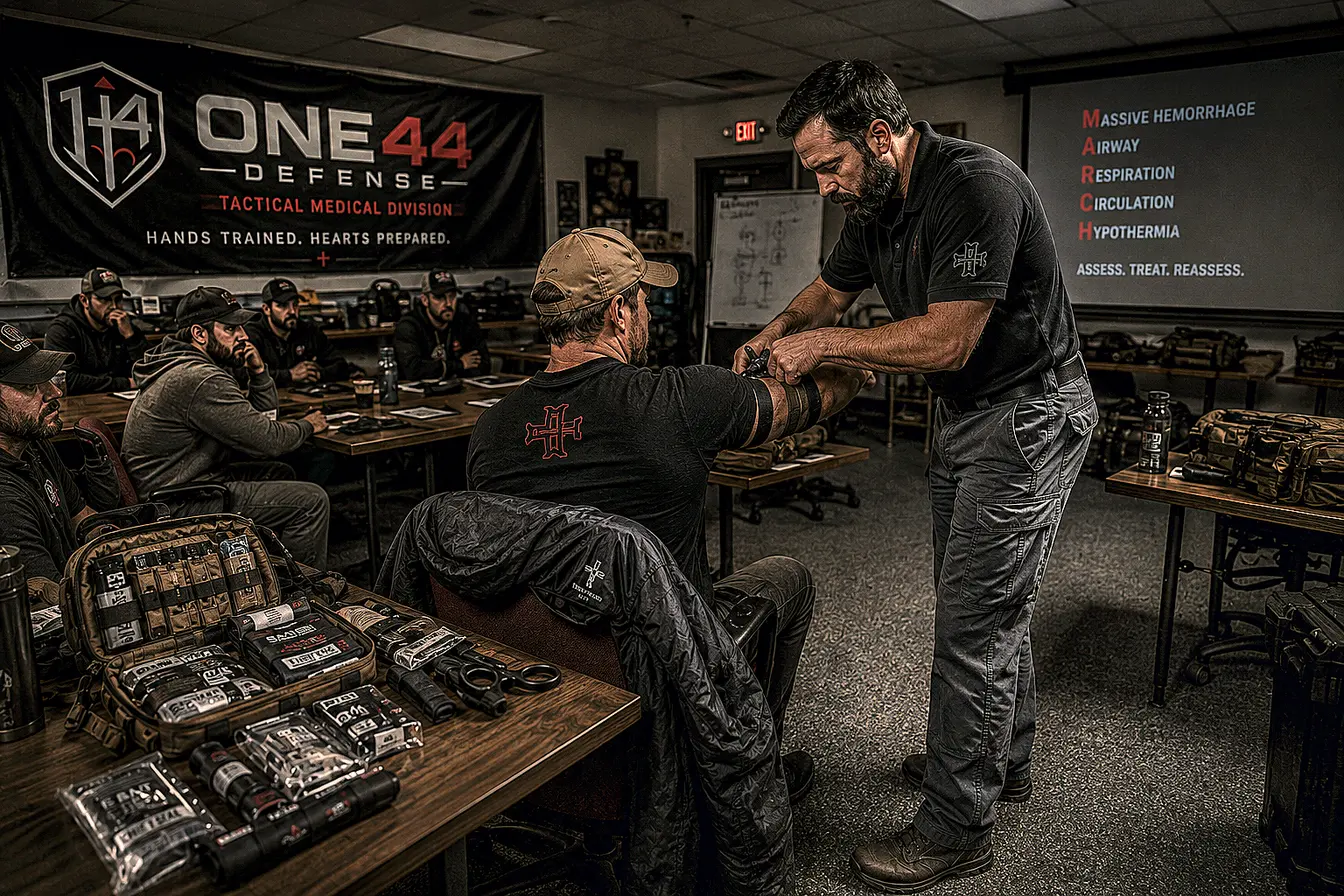 A ONE44 instructor applying a tourniquet during a Tac Med course, with the MARCH sequence on the screen behind